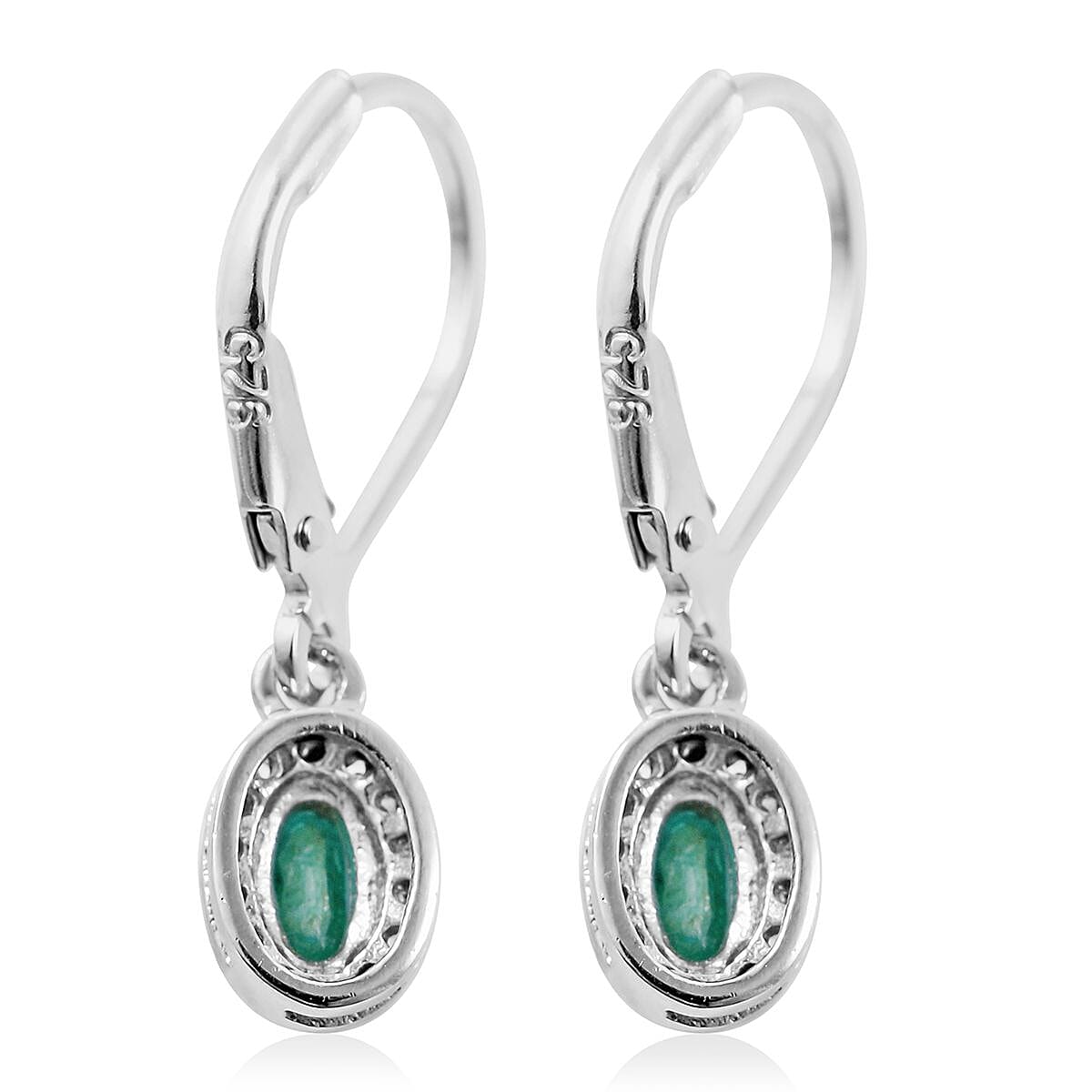 AAA Kagem Zambian Emerald and White Zircon Lever Back Earrings in Platinum Over Sterling Silver 0.75 ctw image number 2
