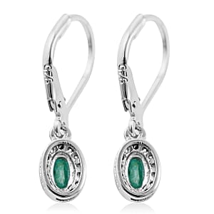 AAA Kagem Zambian Emerald and White Zircon Lever Back Earrings in Platinum Over Sterling Silver 0.75 ctw