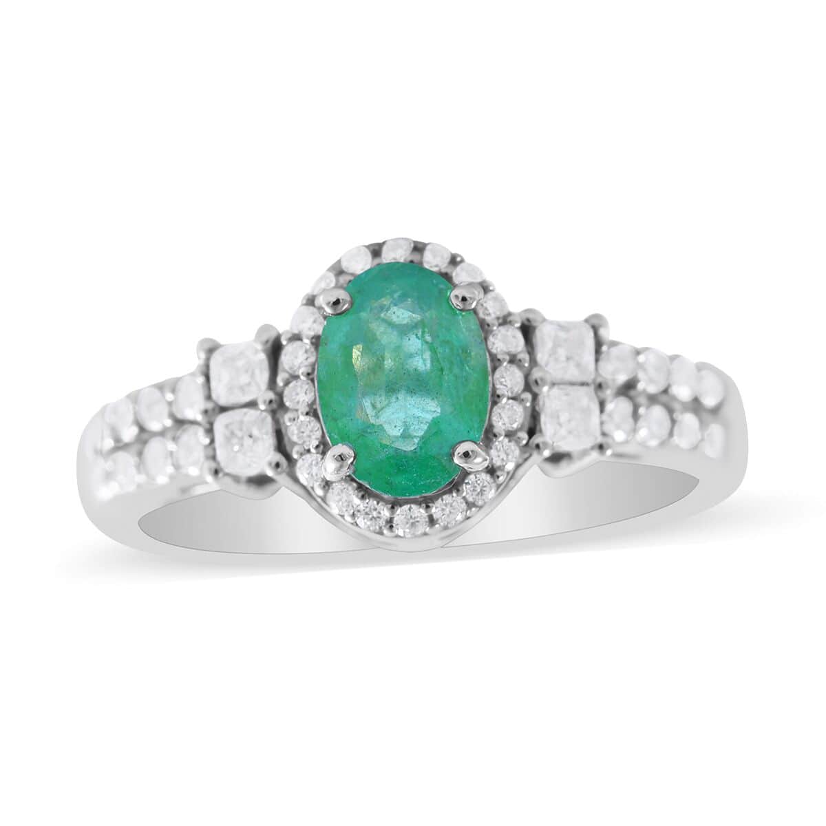 AAA Kagem Zambian Emerald and Moissanite Halo Ring in Platinum Over Sterling Silver (Size 10.0) 1.25 ctw image number 0