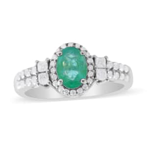 AAA Kagem Zambian Emerald and Moissanite Halo Ring in Platinum Over Sterling Silver (Size 10.0) 1.25 ctw