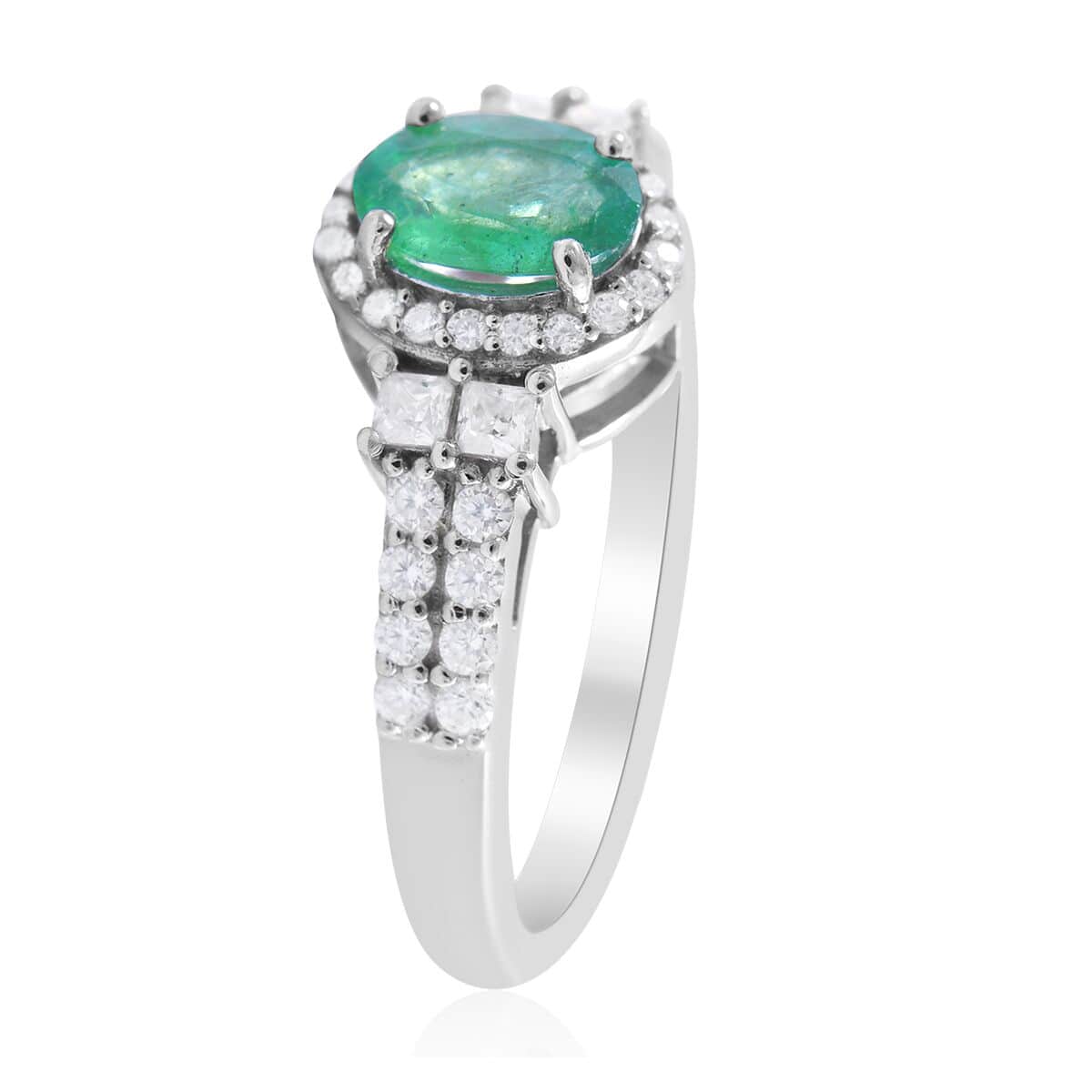 AAA Kagem Zambian Emerald and Moissanite Halo Ring in Platinum Over Sterling Silver (Size 10.0) 1.25 ctw image number 2