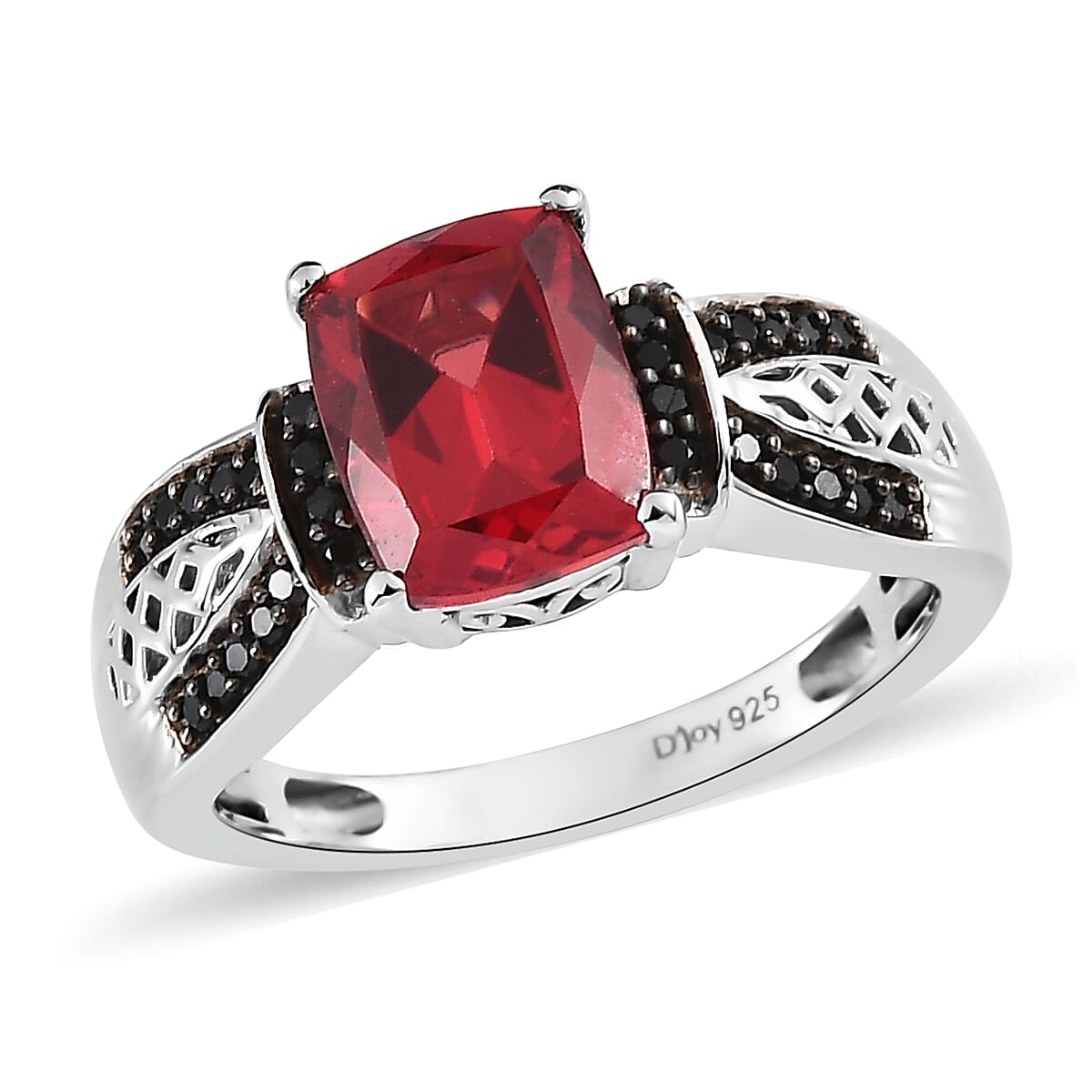 Lab Created Padparadscha Sapphire and Thai Black Spinel Ring in Platinum Over Sterling Silver (Size 10.0) 3.40 ctw