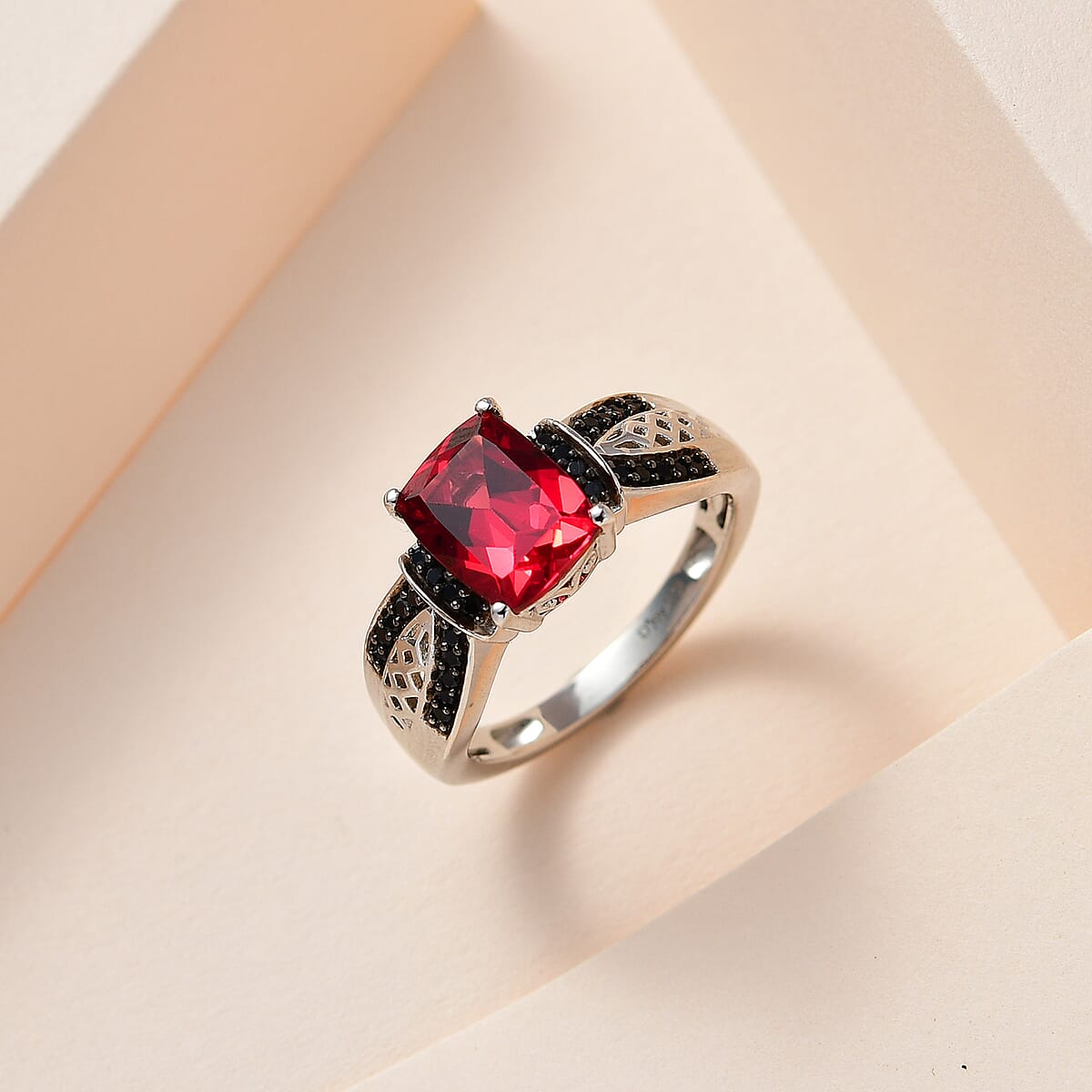 Lab Created Padparadscha Sapphire and Thai Black Spinel Ring in Platinum Over Sterling Silver 3.40 ctw image number 1