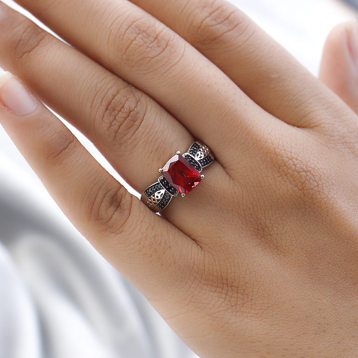Lab Created Padparadscha Sapphire and Thai Black Spinel Ring in Platinum Over Sterling Silver 3.40 ctw image number 2