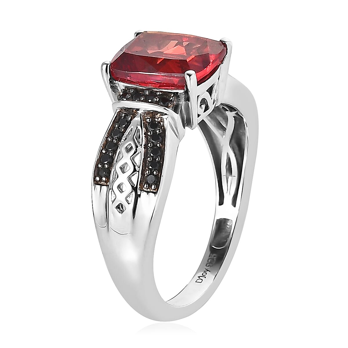 Lab Created Padparadscha Sapphire and Thai Black Spinel Ring in Platinum Over Sterling Silver 3.40 ctw image number 3