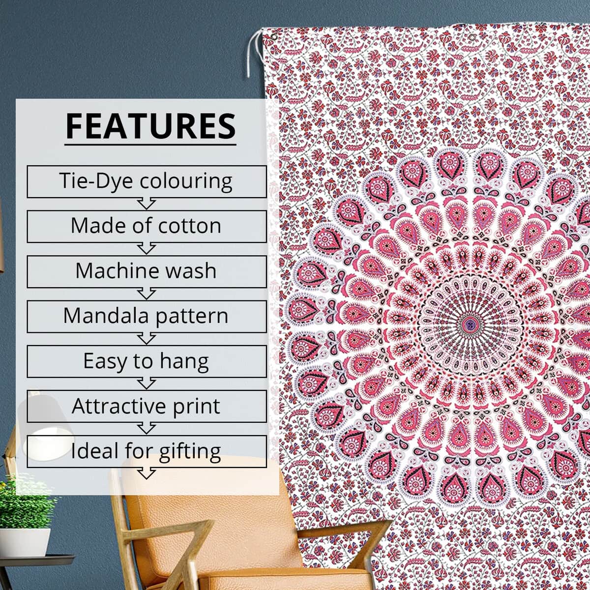 Pink Cotton Mandala Screen Printed Tie Dye Tapestry Wall Hanging image number 2