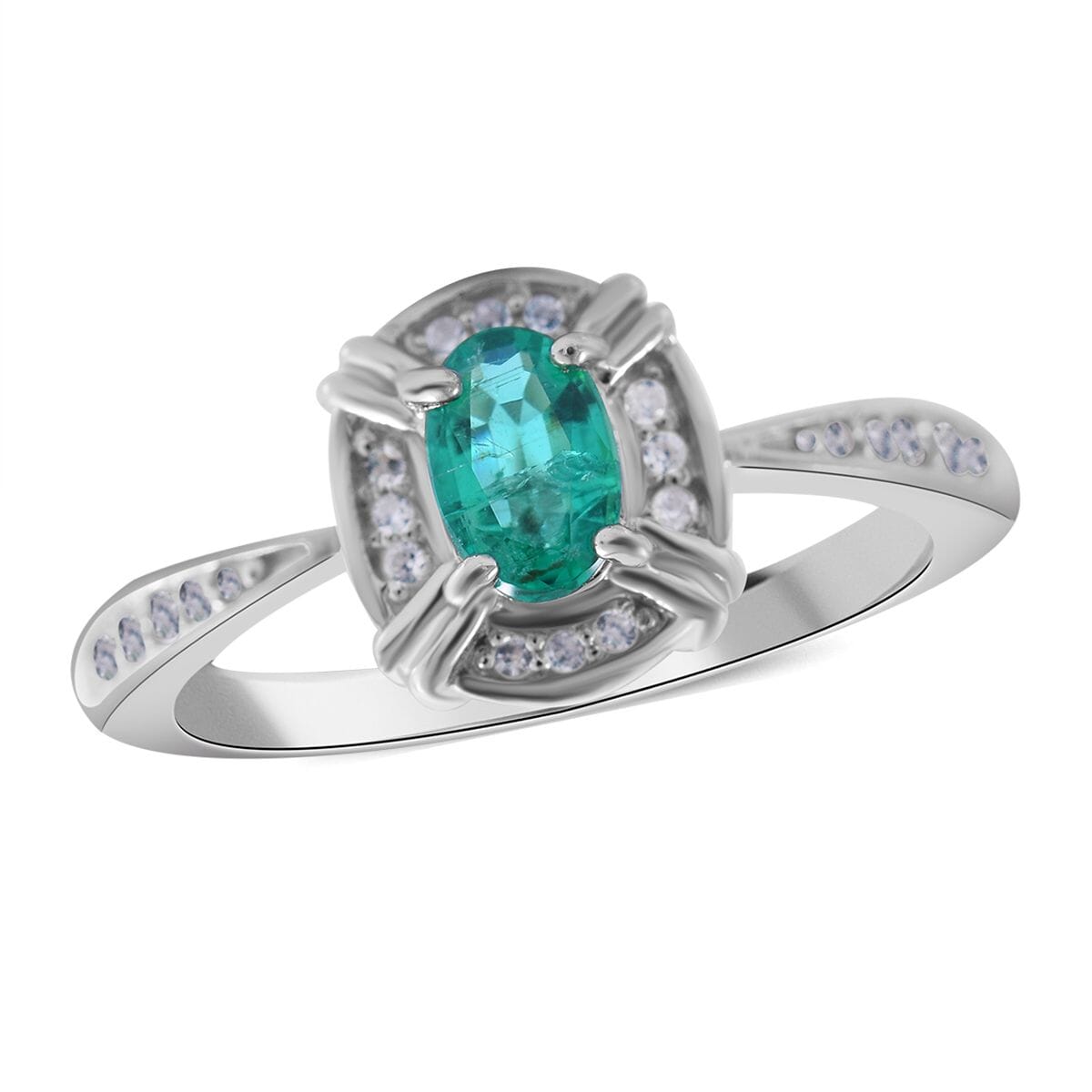 AAA Kagem Zambian Emerald, White Zircon Halo Ring in Platinum Over Sterling Silver (Size 10.0) 0.75 ctw image number 0