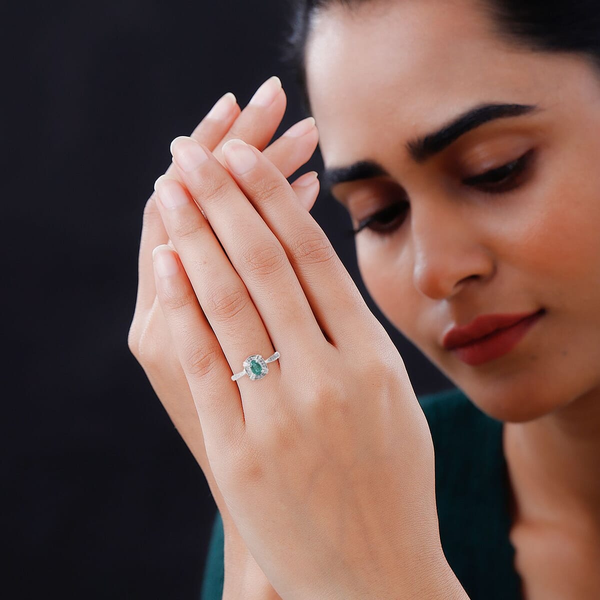 AAA Kagem Zambian Emerald, White Zircon Halo Ring in Platinum Over Sterling Silver (Size 10.0) 0.75 ctw image number 1