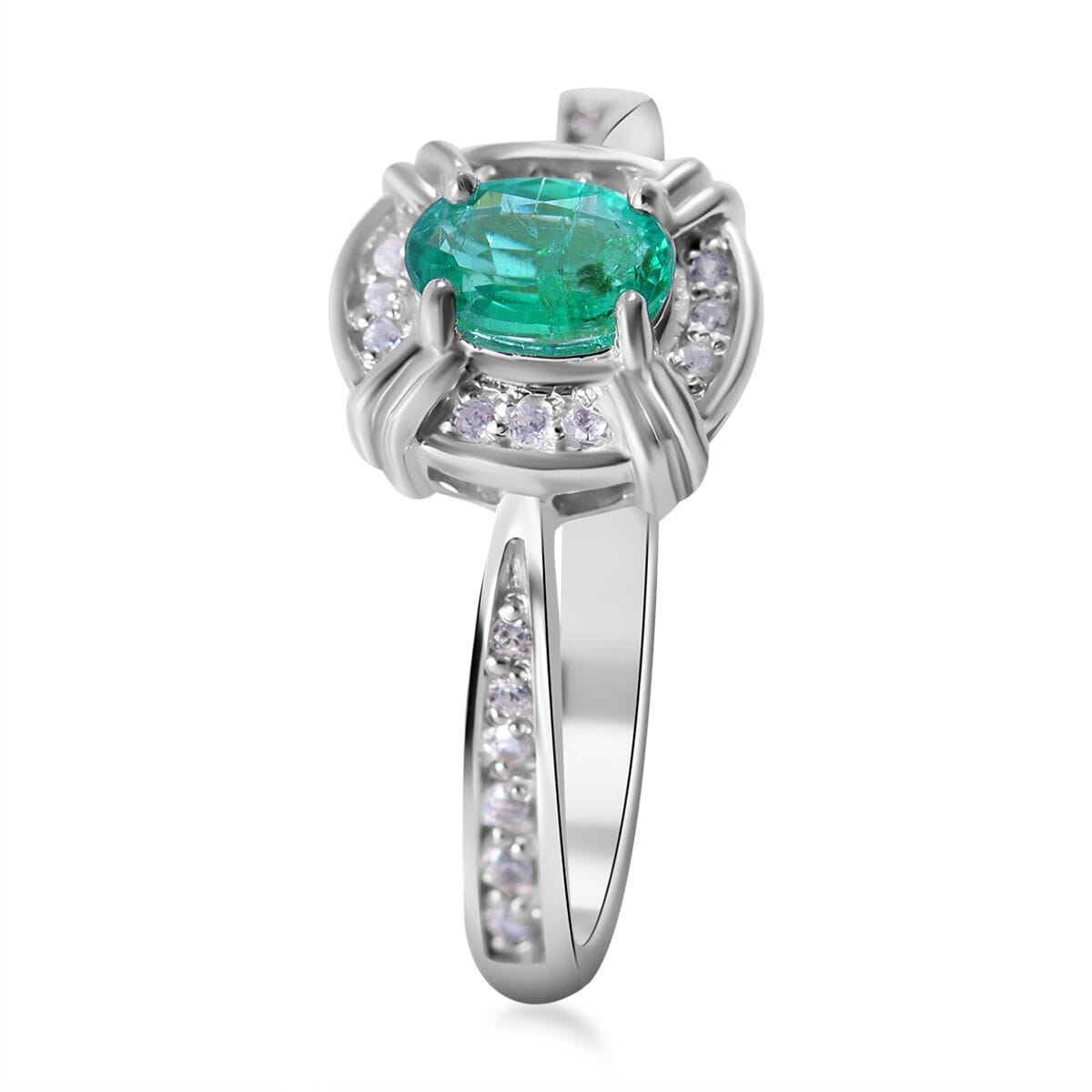 AAA Kagem Zambian Emerald, White Zircon Halo Ring in Platinum Over Sterling Silver (Size 10.0) 0.75 ctw image number 2