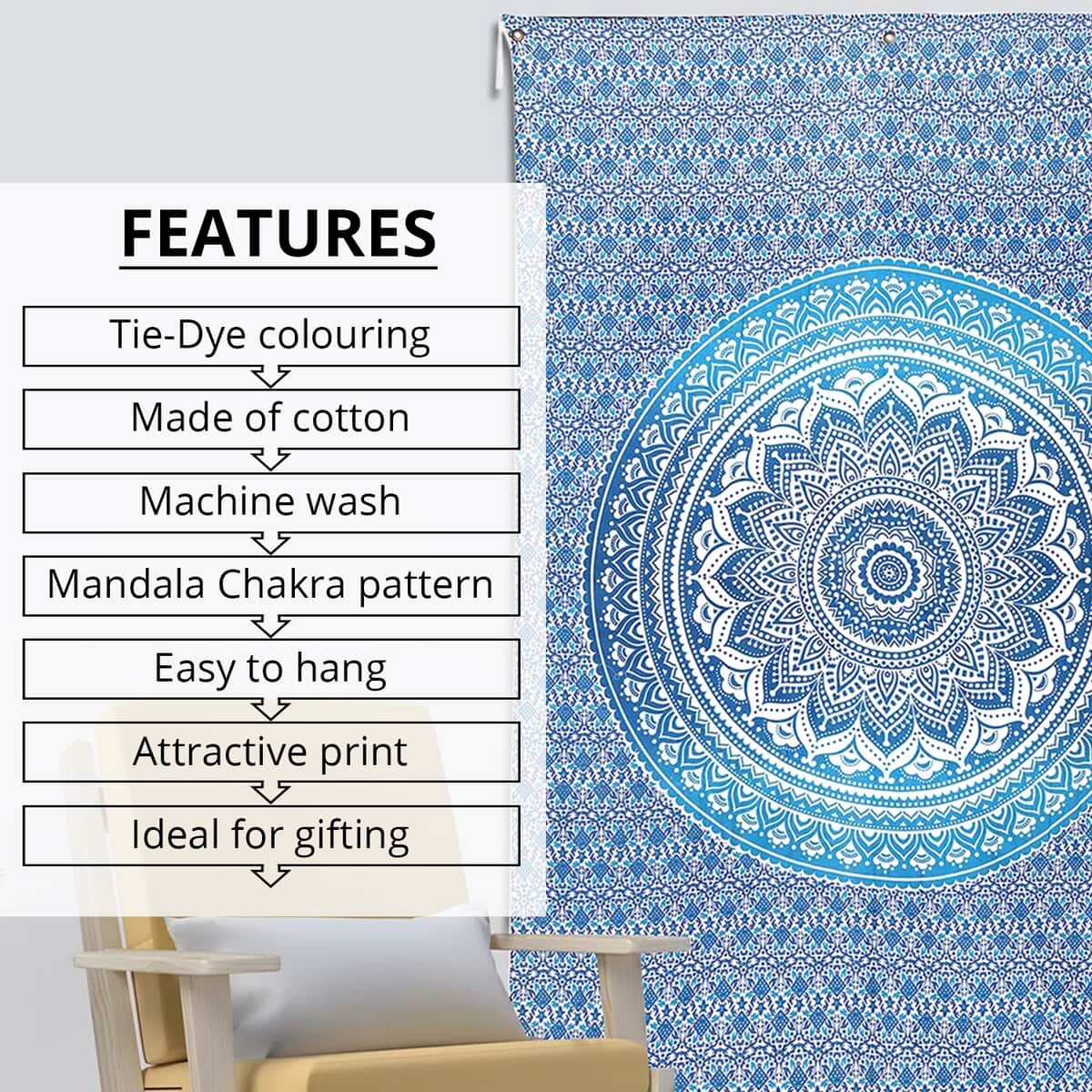Blue Cotton Mandala Chakra Screen Printed Tie Dye Tapestry Wall Hanging image number 2