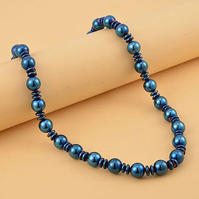Blue Color Hematite Beaded Necklace (20 Inches) in Silvertone 750.00 ctw