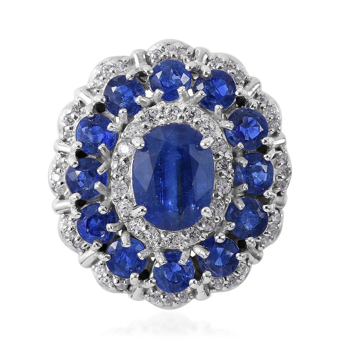 Kashmir Kyanite and White Zircon Floral Ring in Platinum Over Sterling Silver 7.40 ctw image number 0
