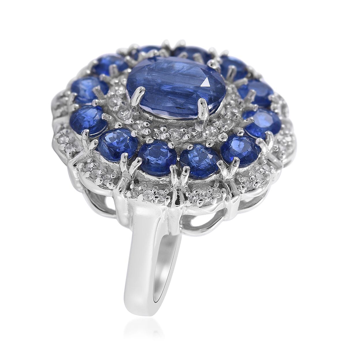 Kashmir Kyanite and White Zircon Floral Ring in Platinum Over Sterling Silver (Size 8.0) 5.85 ctw image number 2