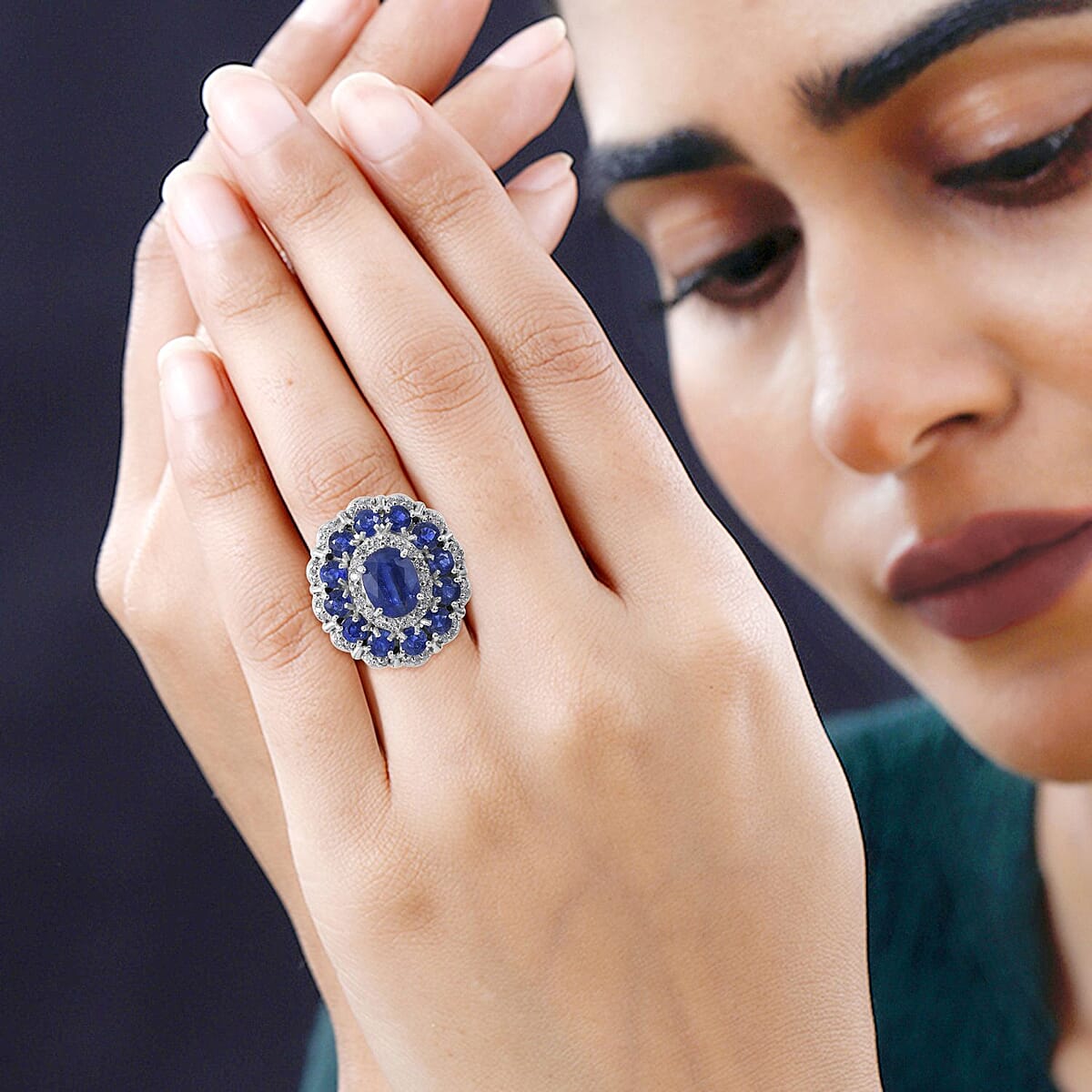 Kashmir Kyanite and White Zircon Floral Ring in Platinum Over Sterling Silver (Size 9.0) 5.85 ctw image number 1