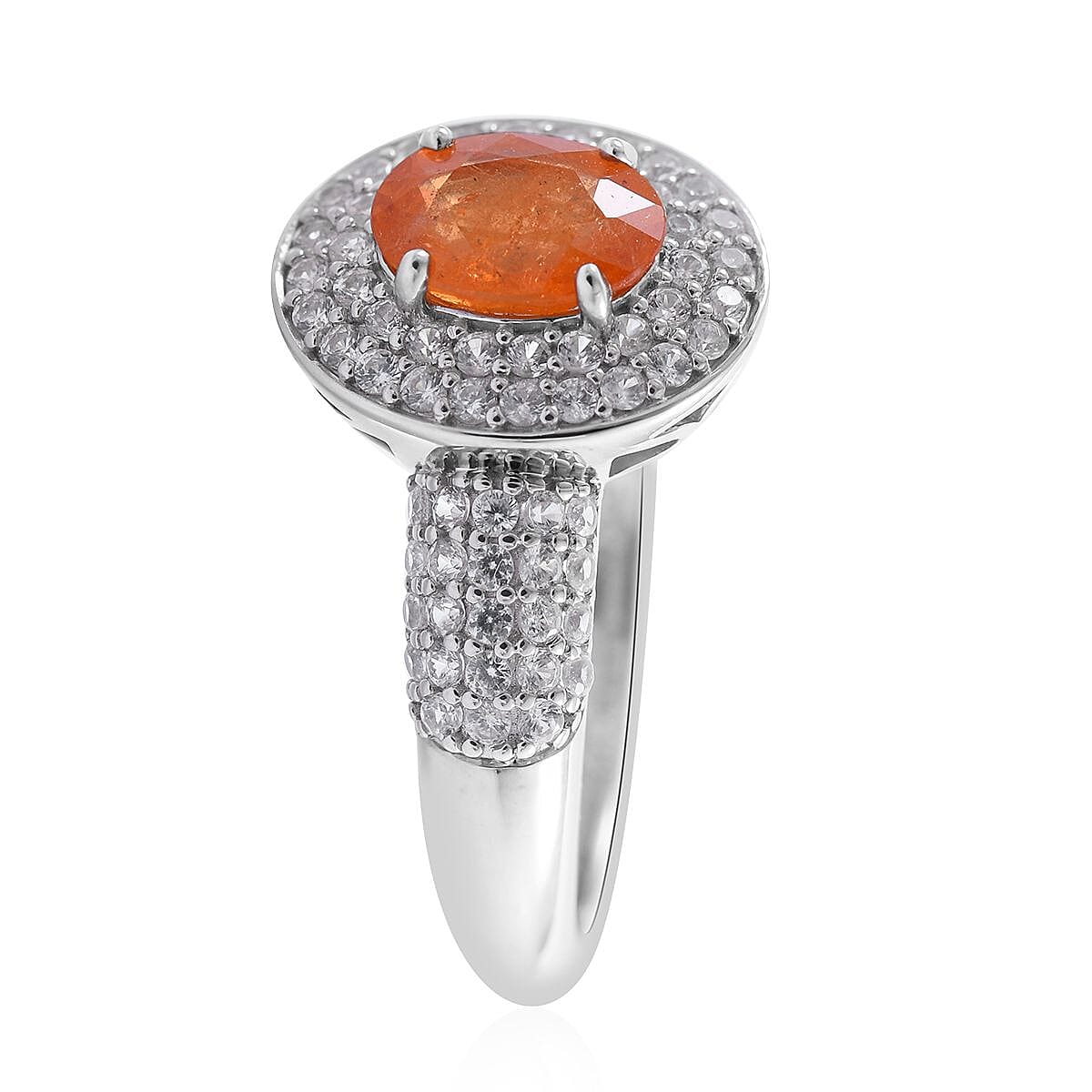 Premium Spessartine Garnet and White Zircon Double Halo Ring in Platinum Over Sterling Silver (Size 8.0) 1.85 ctw image number 2
