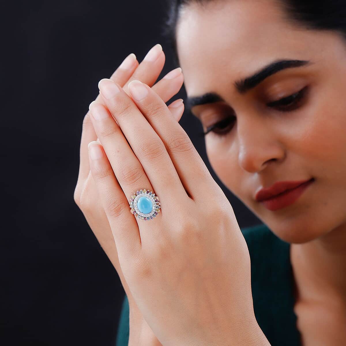 Premium Sleeping Beauty Turquoise and Multi Gemstone Double Halo Ring in Platinum Over Sterling Silver (Size 10.0) 5.40 ctw image number 1