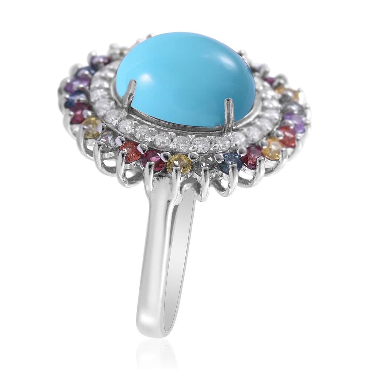 Premium Sleeping Beauty Turquoise and Multi Gemstone Double Halo Ring in Platinum Over Sterling Silver (Size 10.0) 5.40 ctw image number 2