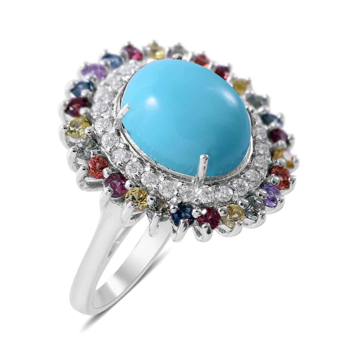 Premium Sleeping Beauty Turquoise and Multi Gemstone Double Halo Ring in Platinum Over Sterling Silver (Size 6.0) 5.40 ctw image number 0