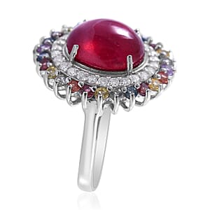 Premium Sleeping Beauty Turquoise and Multi Gemstone Double Halo Ring in Platinum Over Sterling Silver (Size 10.0) 5.40 ctw