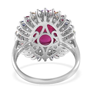 Premium Sleeping Beauty Turquoise and Multi Gemstone Double Halo Ring in Platinum Over Sterling Silver (Size 10.0) 5.40 ctw