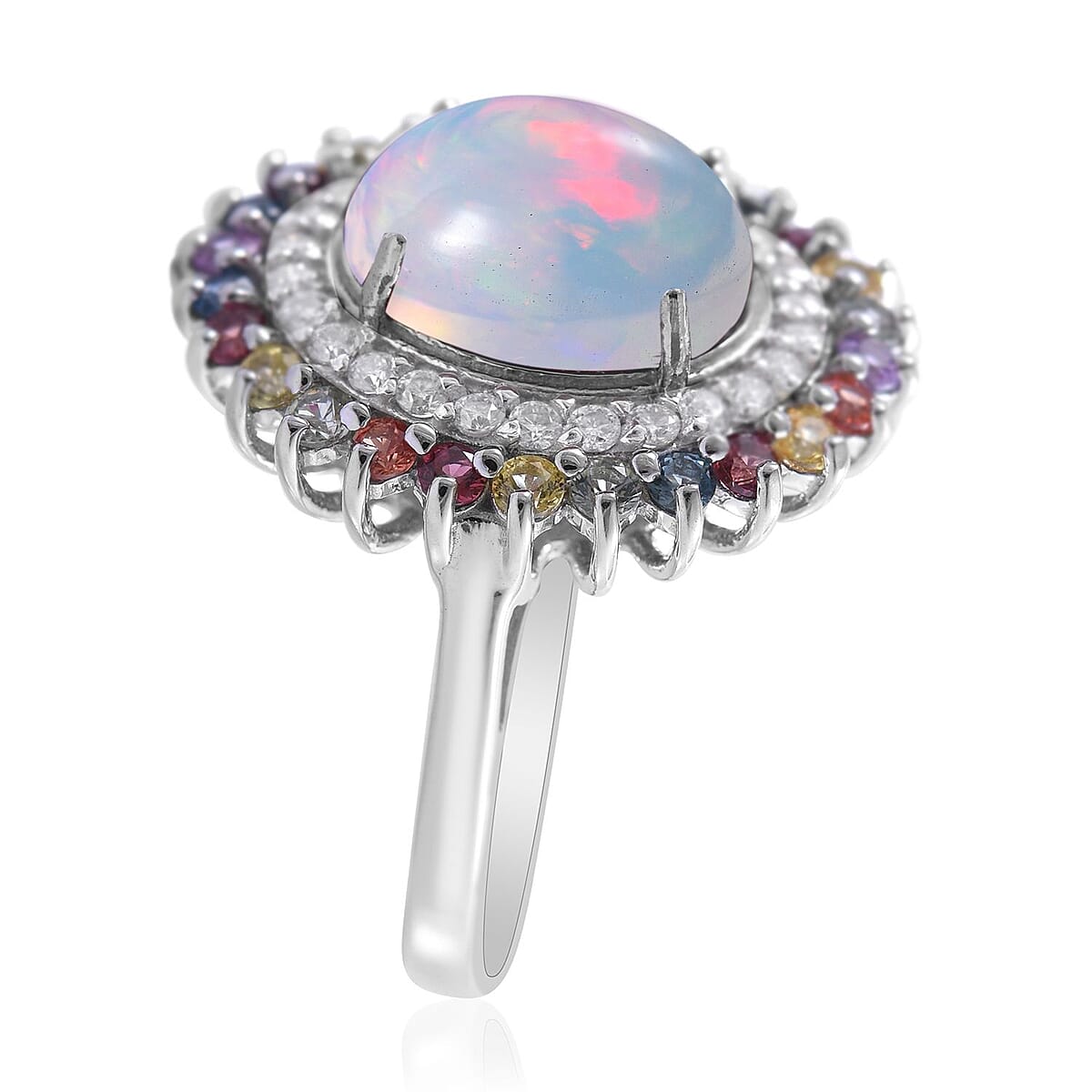 Premium Ethiopian Welo Opal and Multi Gemstone 4.35 ctw Double Halo Ring in Platinum Over Sterling Silver (Size 9.0) image number 2