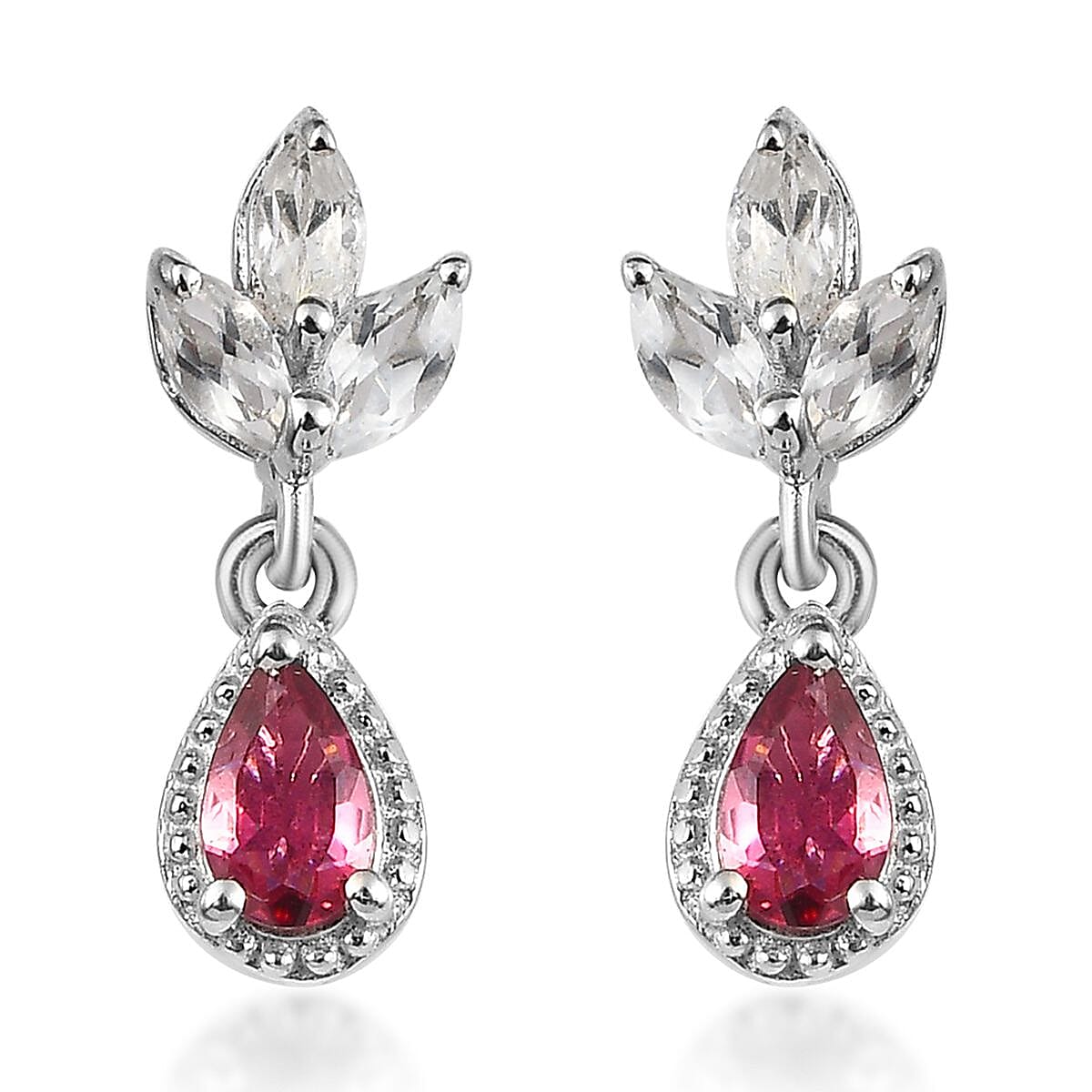 Premium Ouro Fino Rubellite and White Topaz Drop Earrings in Platinum Over Sterling Silver 1.00 ctw