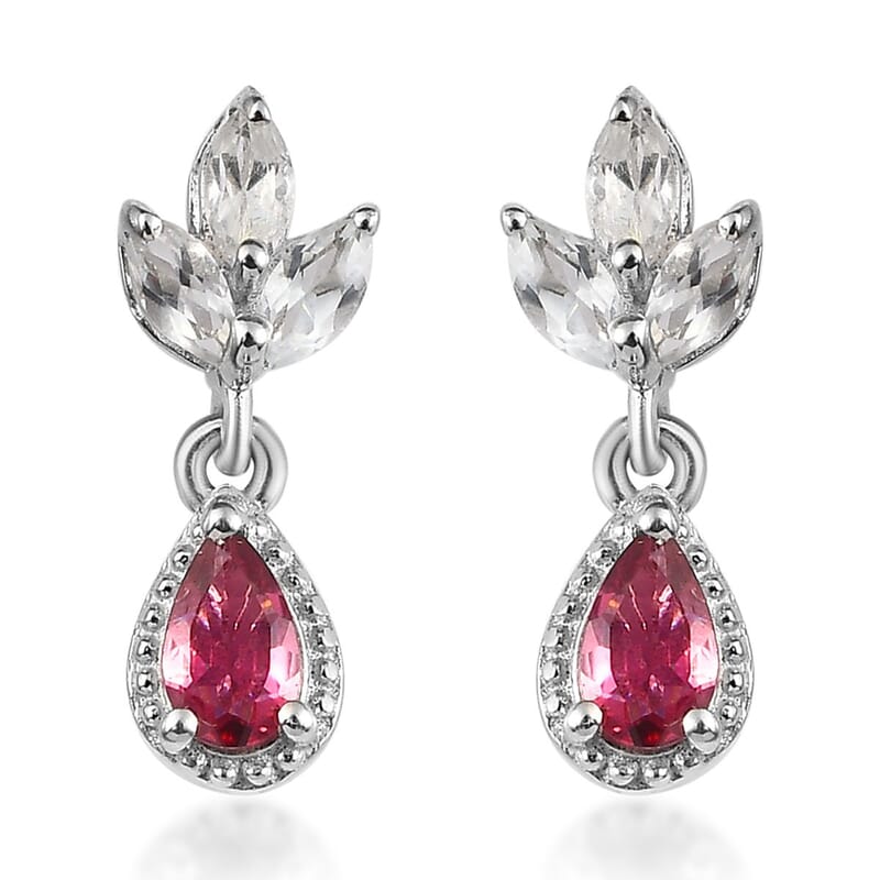 Premium Ouro Fino Rubellite and White Topaz Drop Earrings in Platinum Over Sterling Silver 1.00 ctw