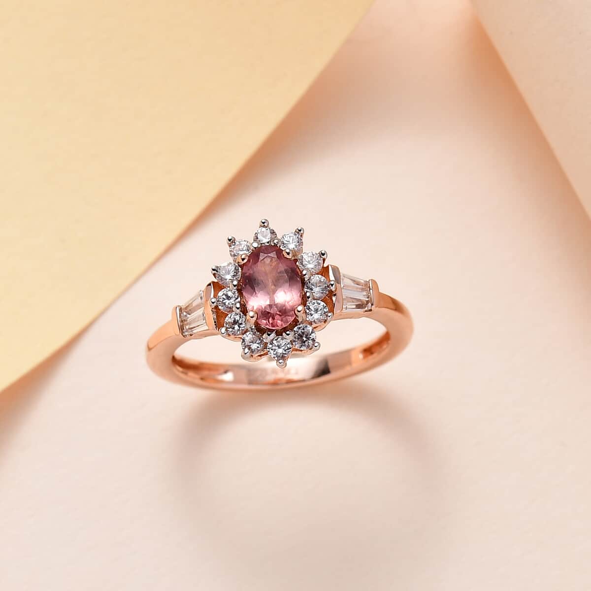 Red Apatite and White Zircon Ring in Vermeil Rose Gold Over Sterling Silver 1.15 ctw image number 1