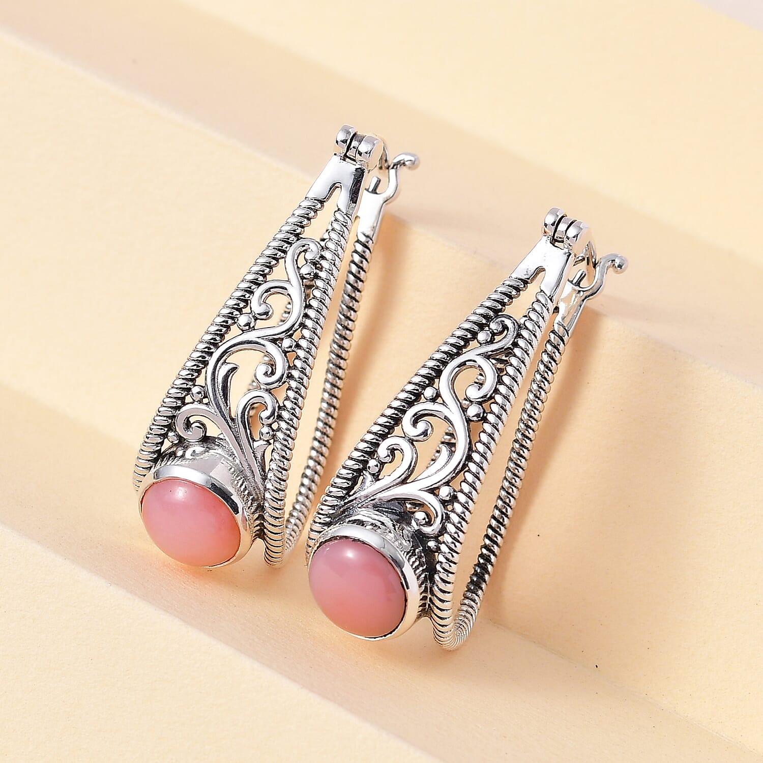 Artisan Crafted Premium Peruvian Pink Opal Omega Clip Earrings in Sterling Silver 3.65 ctw