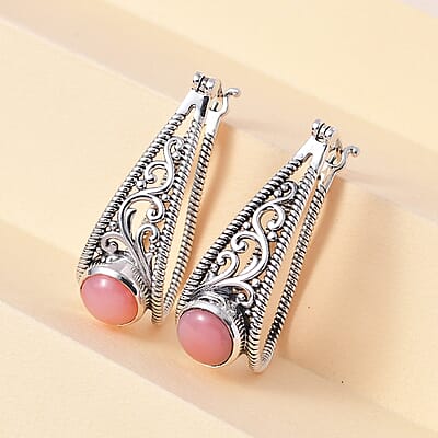 Artisan Crafted Premium Peruvian Pink Opal Omega Clip Earrings in Sterling Silver 3.65 ctw