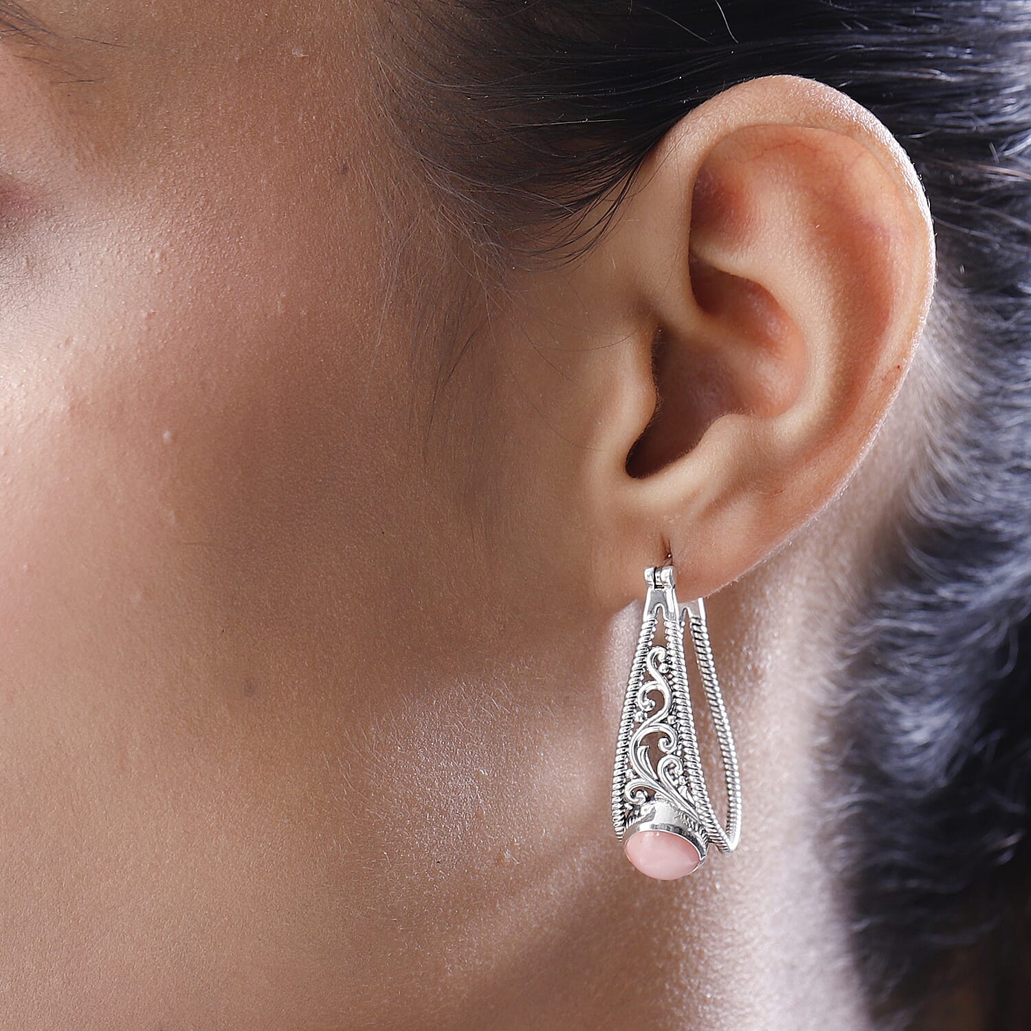 Artisan Crafted Premium Peruvian Pink Opal Omega Clip Earrings in Sterling Silver 3.65 ctw