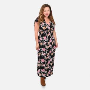 Tamsy Black Floral Smocked Waist Maxi Dress with Flutter Sleeve