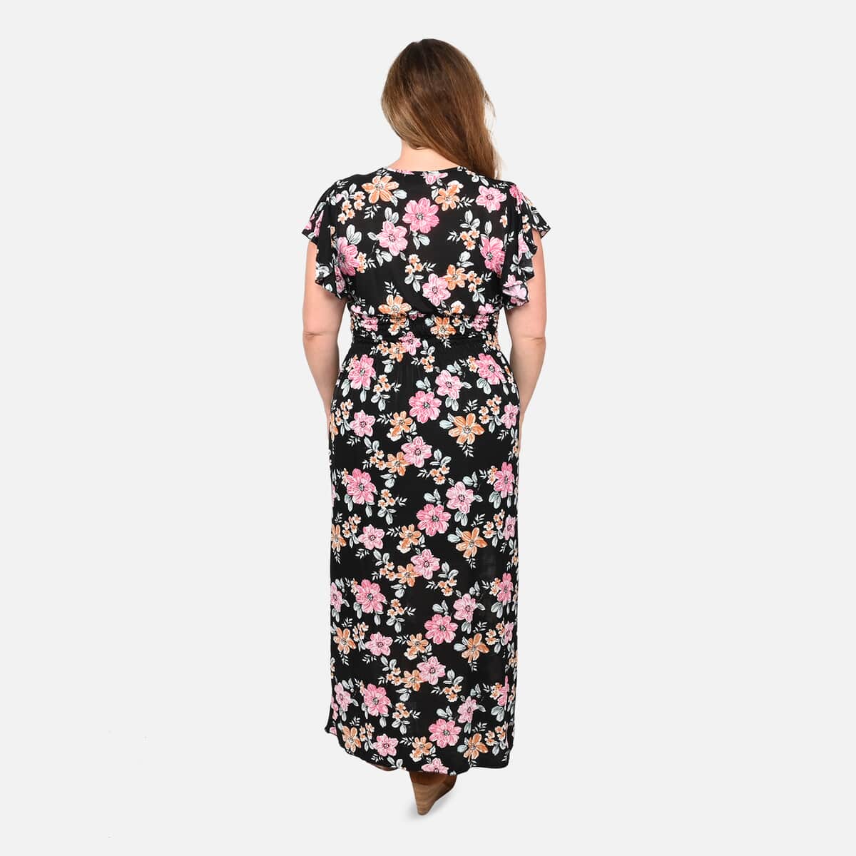 Tamsy Black Floral Smocked Waist Maxi Dress with Flutter Sleeve image number 1