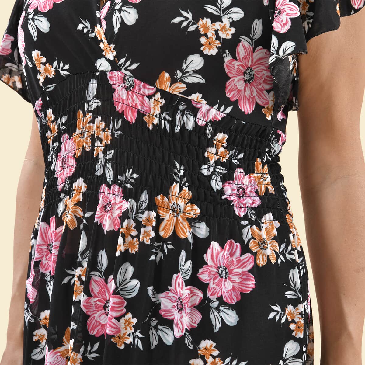 Tamsy Black Floral Smocked Waist Maxi Dress with Flutter Sleeve image number 5