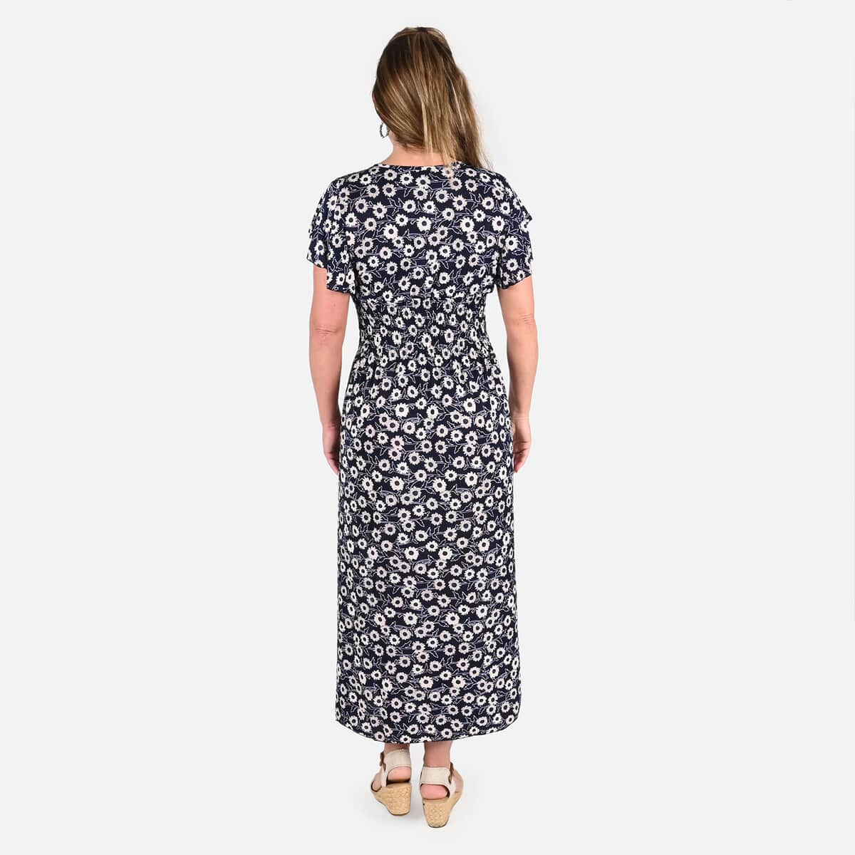 Tamsy Navy Daisy Smocked Waist Maxi Dress with Flutter Sleeve image number 1