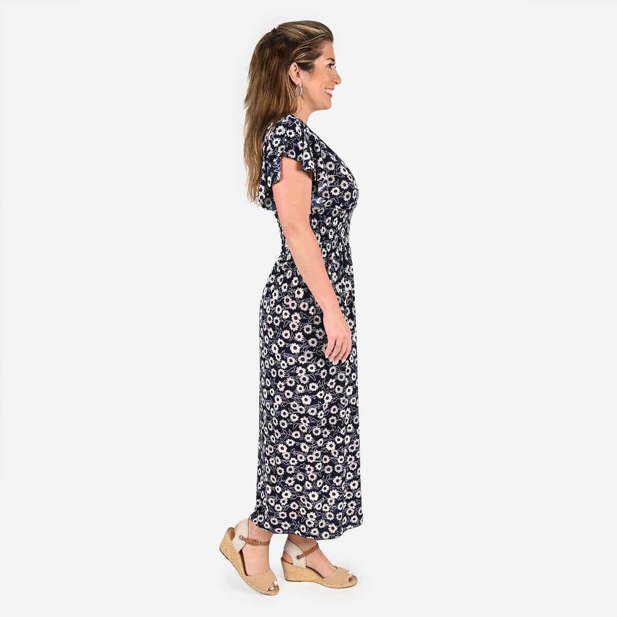 Tamsy Navy Daisy Smocked Waist Maxi Dress with Flutter Sleeve image number 2