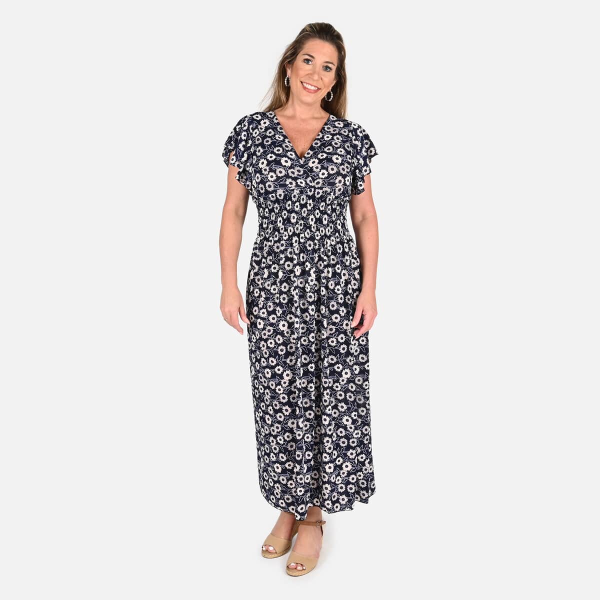 Tamsy Navy Daisy Smocked Waist Maxi Dress with Flutter Sleeve image number 3