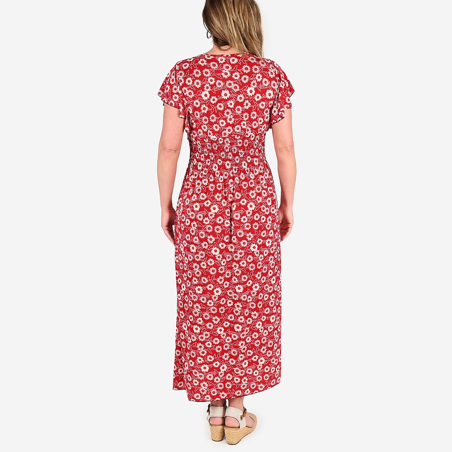 Tamsy Red Floral Smocked Waist Maxi Dress with Flutter Sleeve