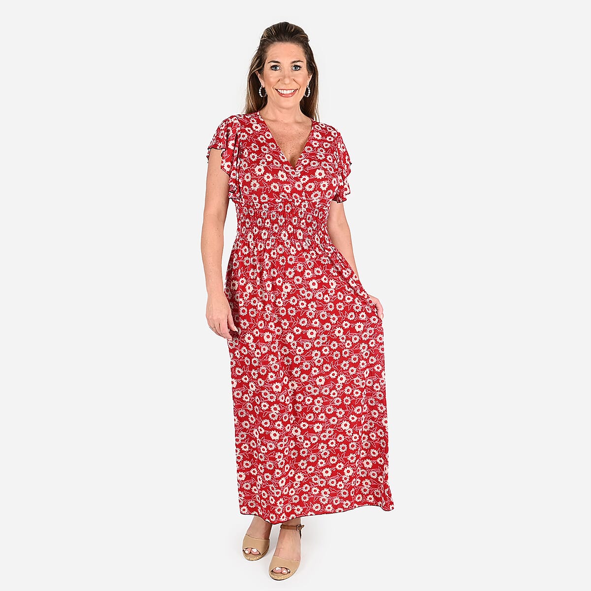 Tamsy Red Floral Smocked Waist Maxi Dress with Flutter Sleeve image number 3
