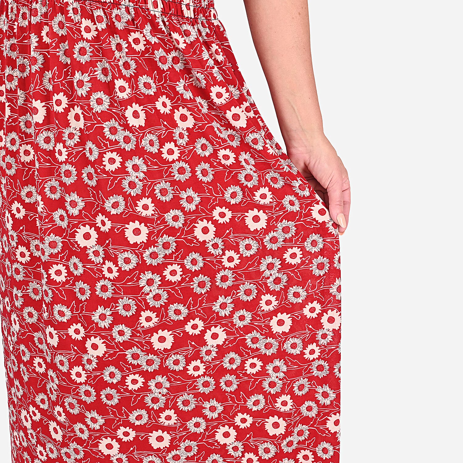Tamsy Red Floral Smocked Waist Maxi Dress with Flutter Sleeve