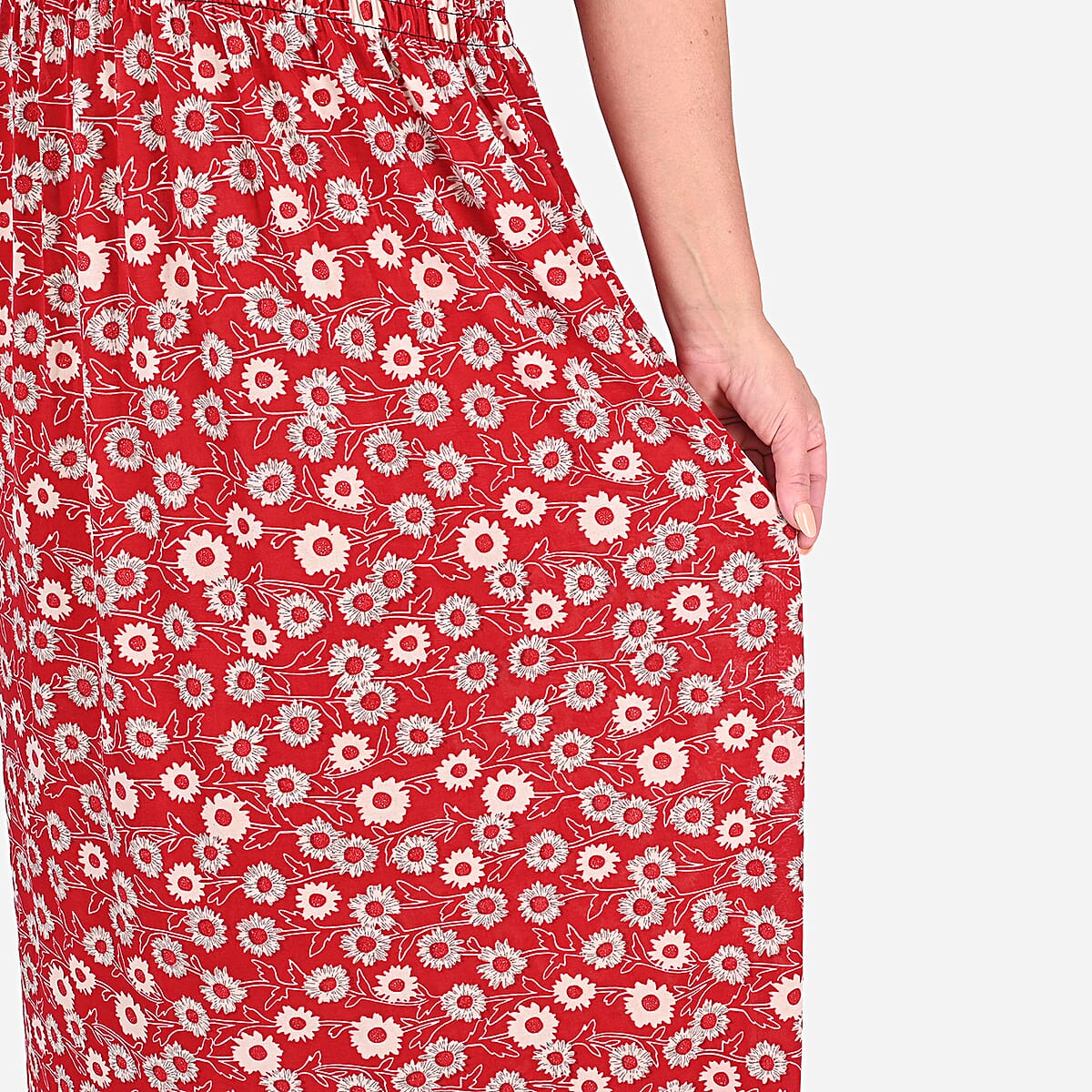 Tamsy Red Floral Smocked Waist Maxi Dress with Flutter Sleeve image number 4