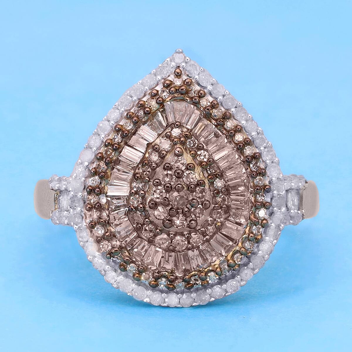 Natural Champagne and White Diamond Pear Shape Ring in Platinum Over Sterling Silver 1.00 ctw image number 1