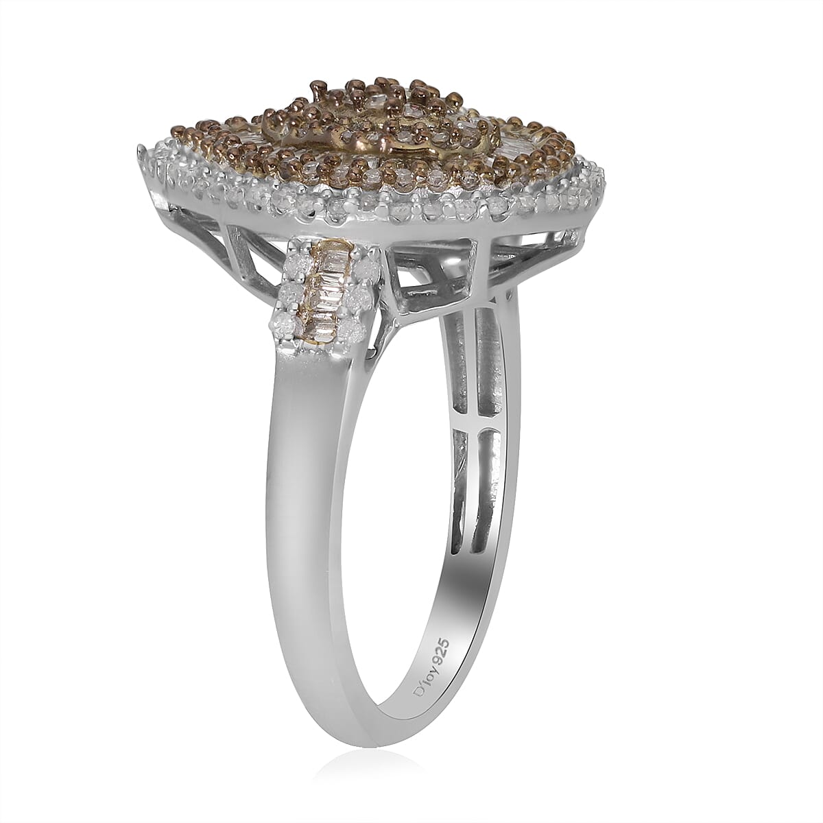 Natural Champagne and White Diamond Pear Shape Ring in Platinum Over Sterling Silver 1.00 ctw image number 3