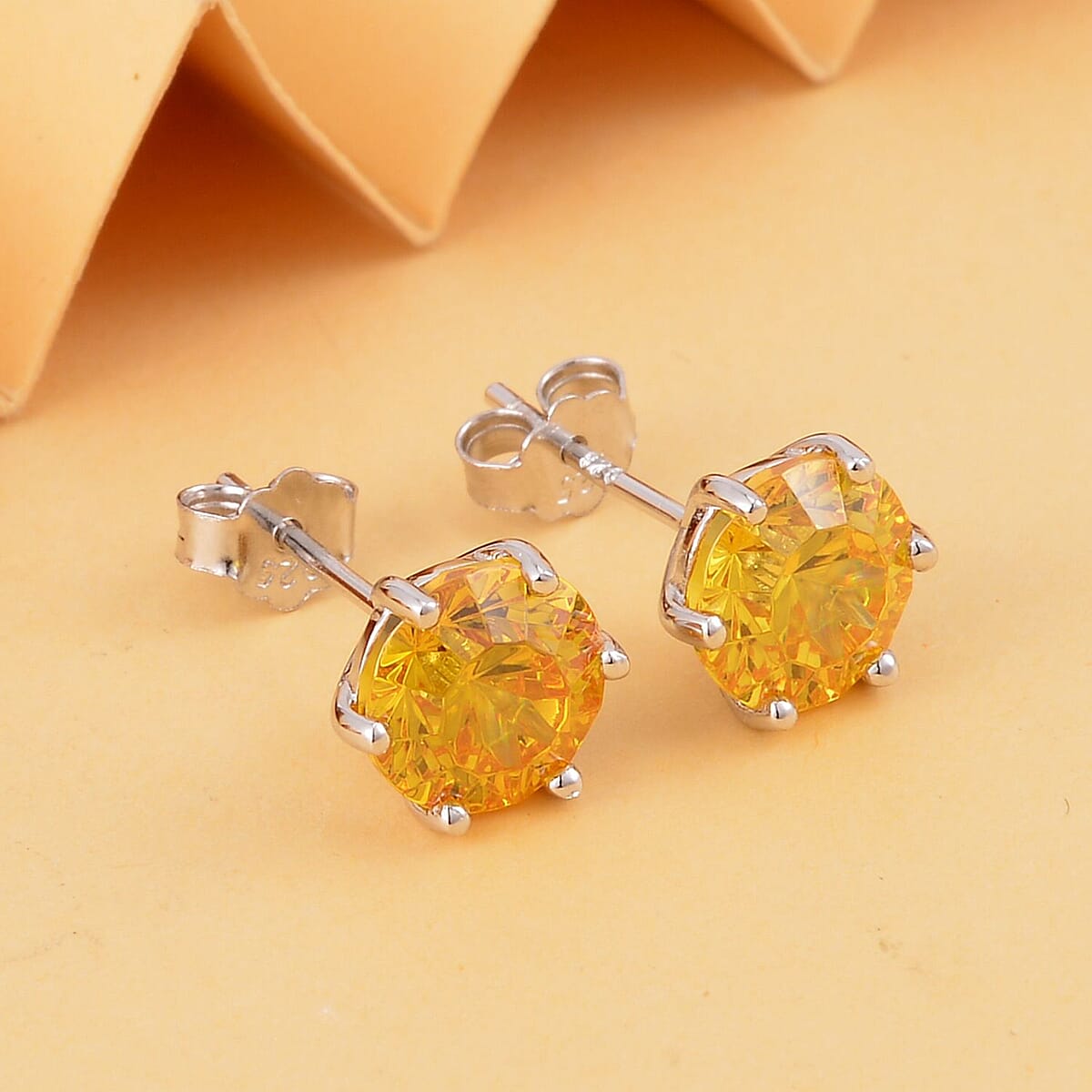 Lustro Stella Concave Cut Finest Yellow CZ Solitaire Stud Earrings in Platinum Over Sterling Silver 7.65 ctw image number 1