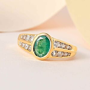 Kagem Zambian Emerald and White Zircon 2.05 ctw Ring in Vermeil Yellow Gold Over Sterling Silver (Size 10)