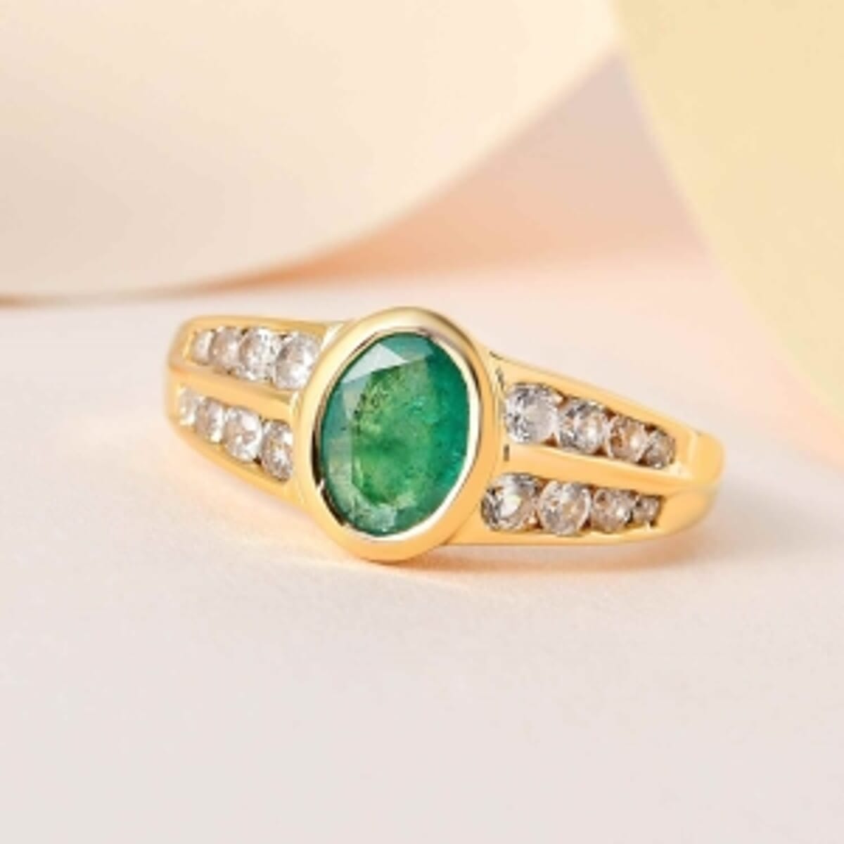 Kagem Zambian Emerald and White Zircon 2.05 ctw Ring in Vermeil Yellow Gold Over Sterling Silver (Size 10) image number 1