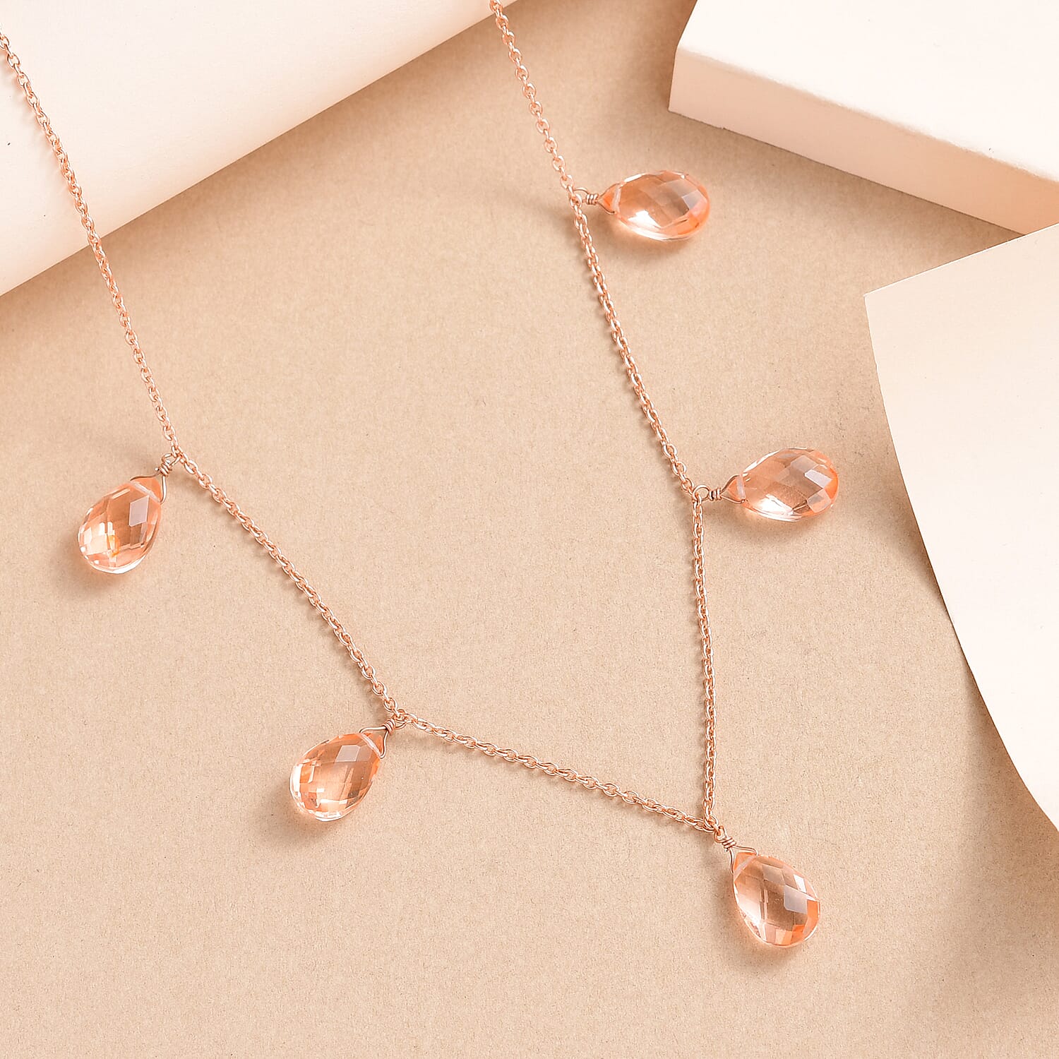 Morganique Quartz (Triplet) Station Necklace 20 Inches in 14K Rose Gold Over Sterling Silver 19.50 ctw