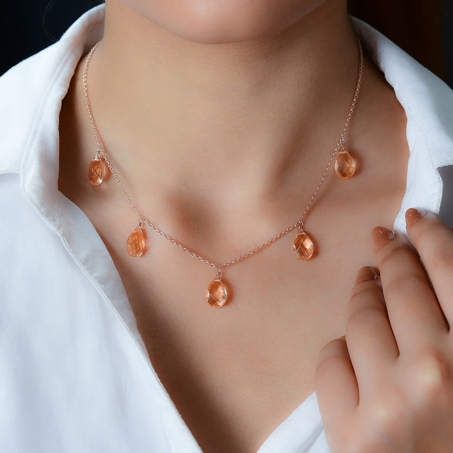 Morganique Quartz (Triplet) Station Necklace 20 Inches in 14K Rose Gold Over Sterling Silver 19.50 ctw