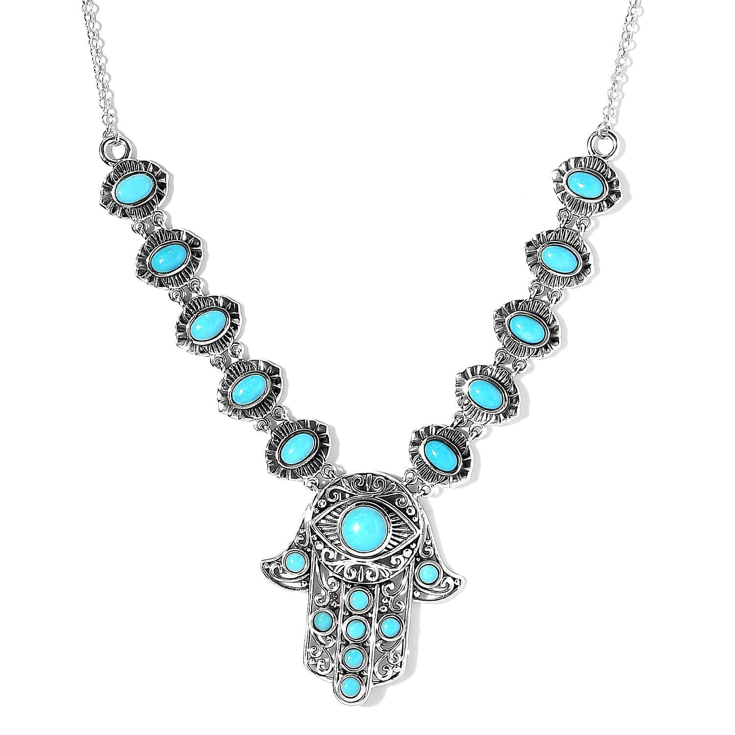 Artisan Crafted Sleeping Beauty Turquoise Hamsa Necklace 18 Inches in Sterling Silver 6.75 ctw