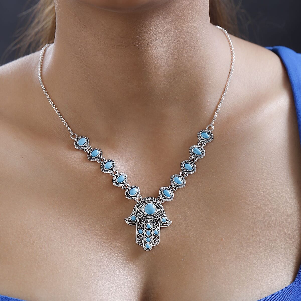 Artisan Crafted Sleeping Beauty Turquoise Hamsa Necklace 18 Inches in Sterling Silver 6.75 ctw image number 2